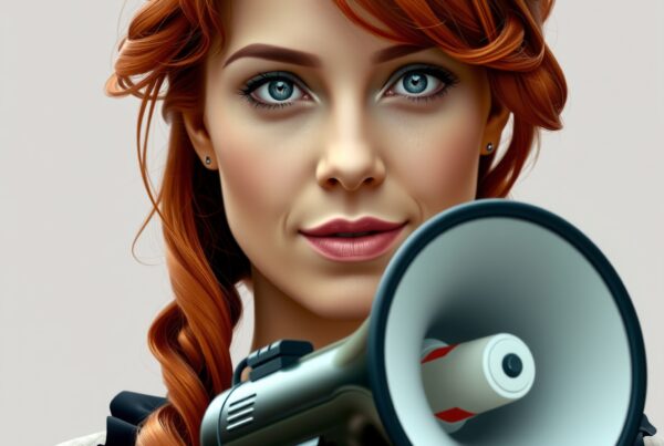 Woman with red hair holding megaphone, exemplifying confidence and communication.