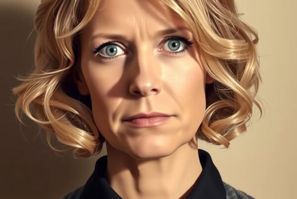 A woman with curly blonde hair and a pearl necklace in an elegant portrait.