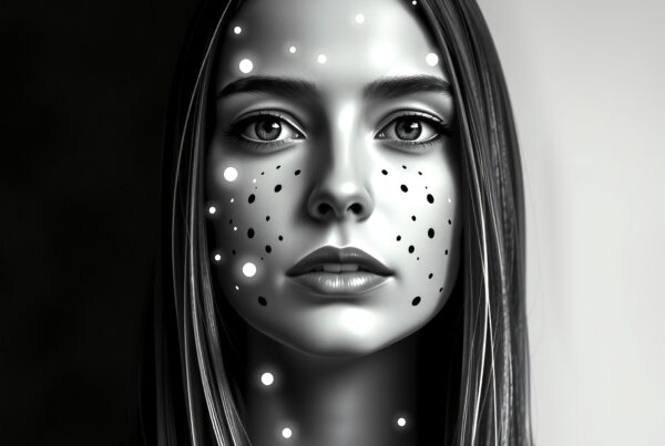 Monochrome portrait of woman with dots and star patterns, set against a contrasting black and white background.