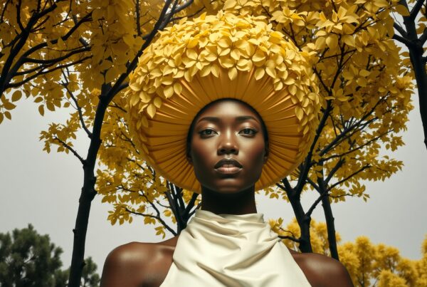 A person in a yellow headpiece stands under vibrant yellow leaves, exuding elegance and harmony.