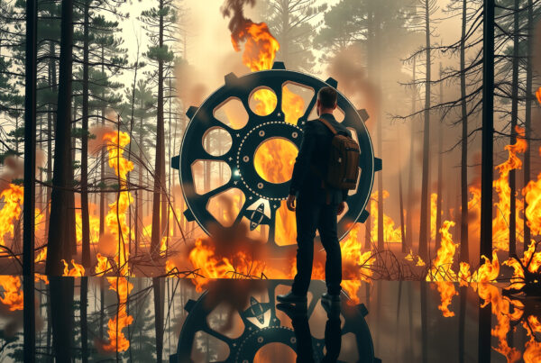 A man with a backpack confronts a giant gear amidst vivid forest flames.
