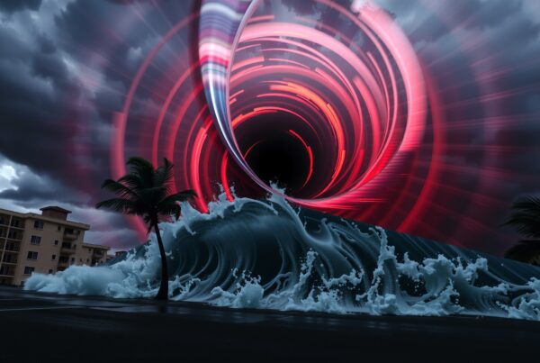 A massive wave and glowing red vortex create a surreal coastal scene with palm trees and buildings.