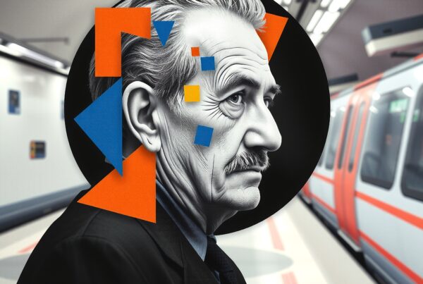 A distinguished man in a subway station with geometric art overlay.