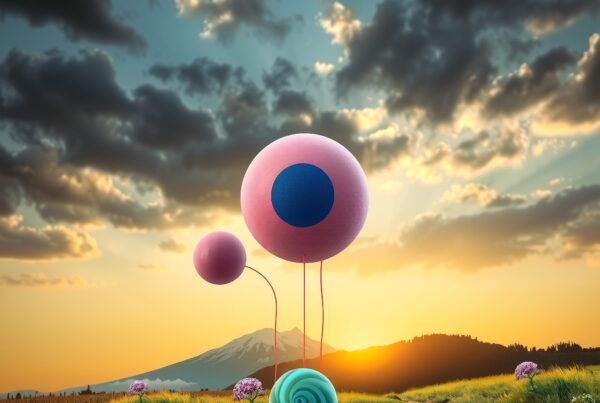A surreal landscape with pink and blue lollipop-like plants under a dramatic sunset sky.