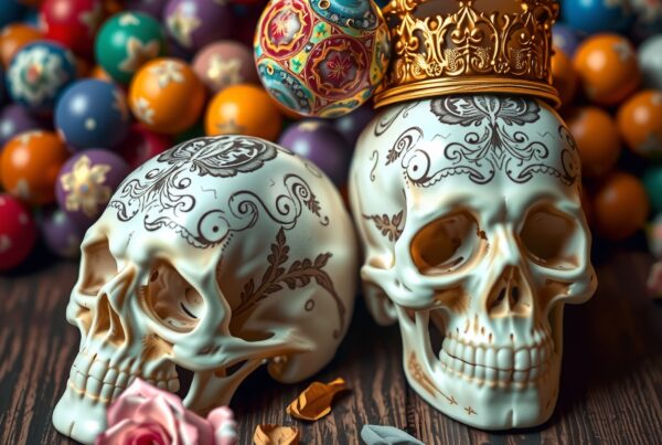 Ornate skulls with crown and colorful spheres.