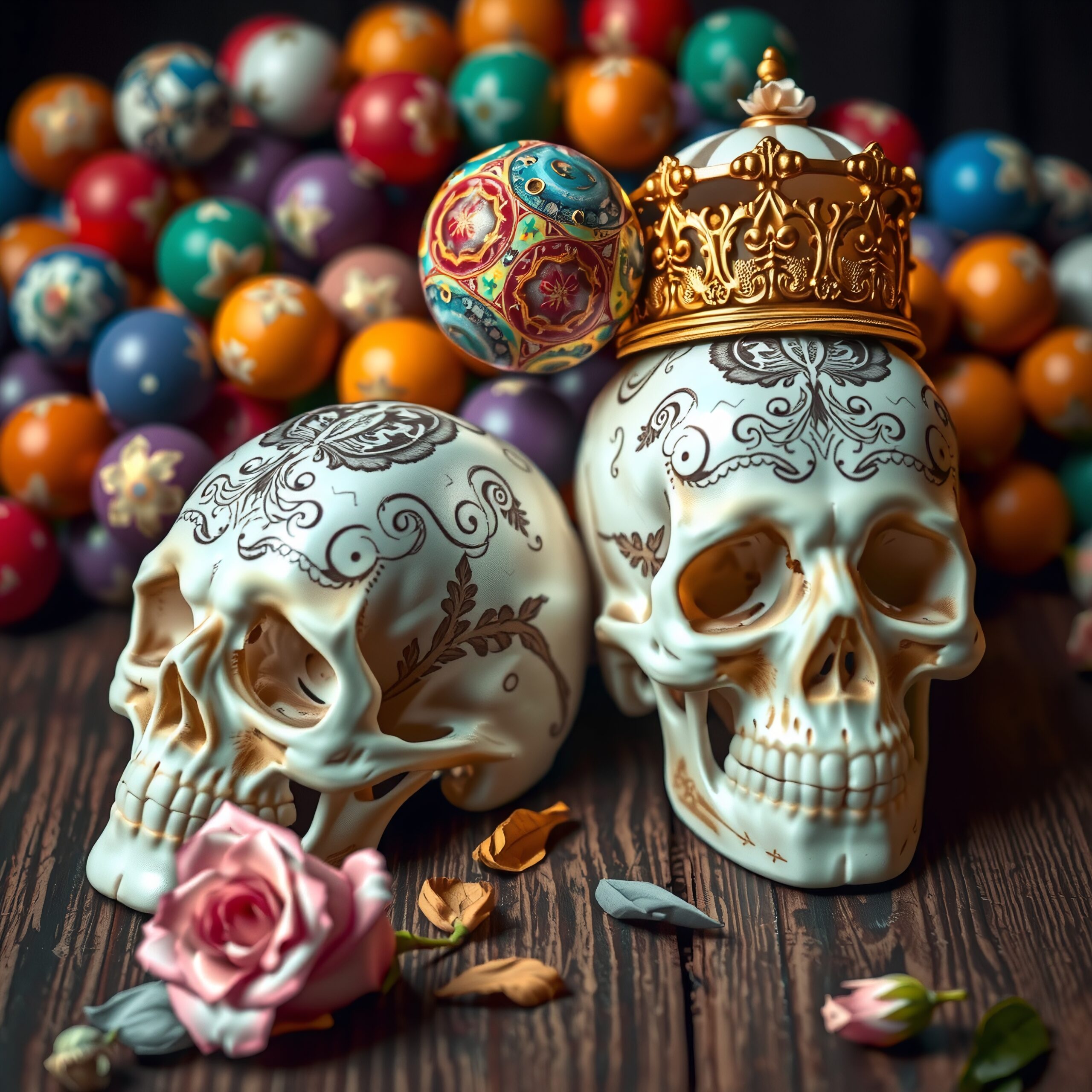 Regal Skulls Amidst Colorful Spheres