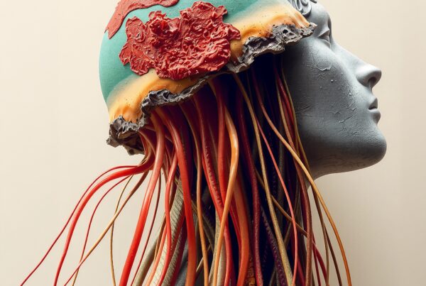 A surreal sculpture blending human and marine elements with colorful tendrils.
