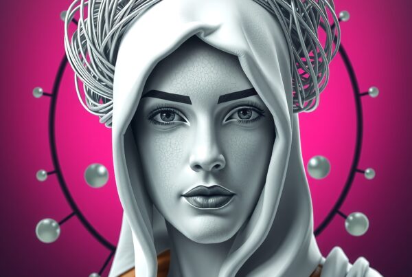Futuristic portrait with metallic textures and ethereal elements against a pink background.