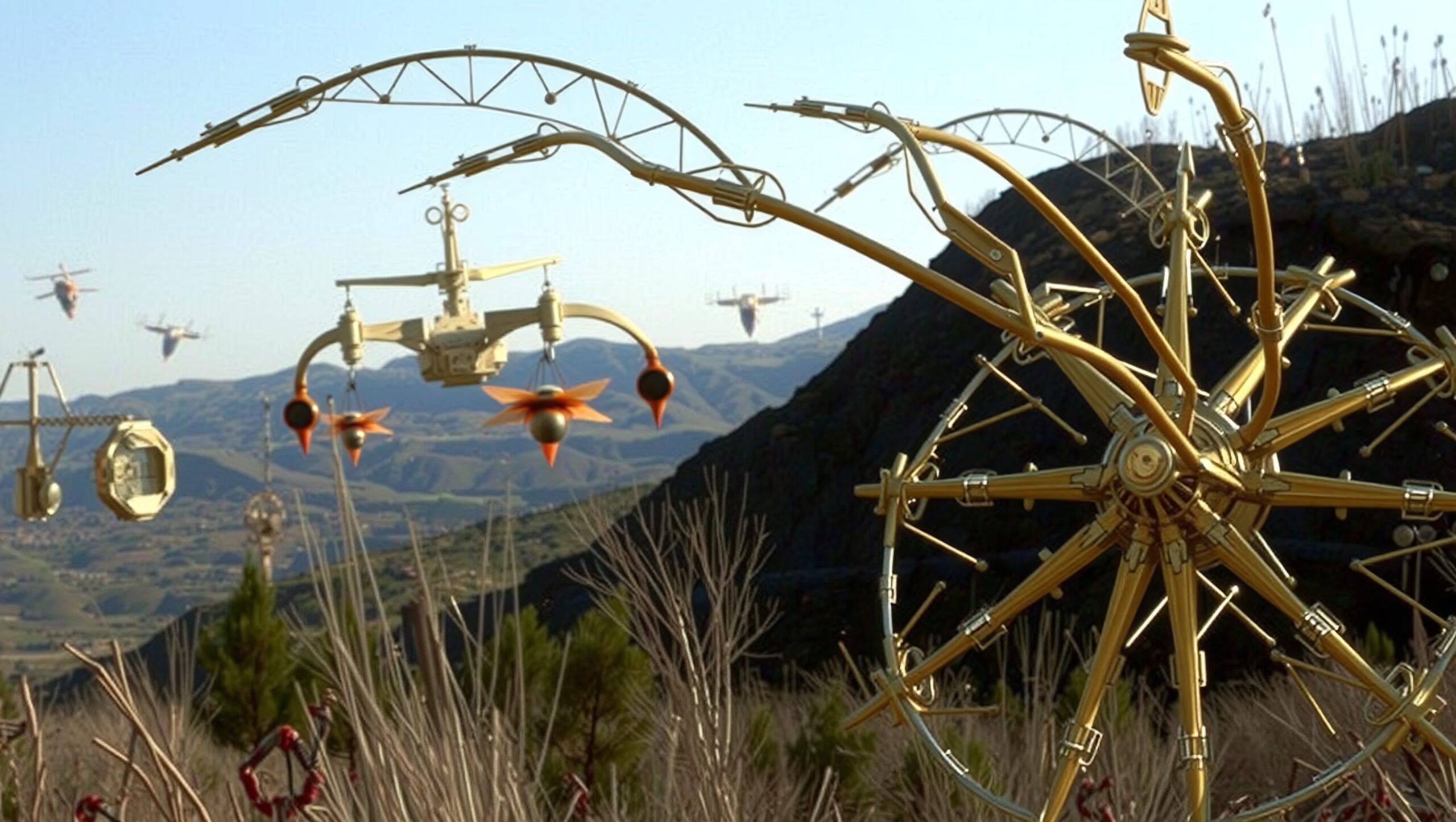 Futuristic Machines Over Rolling Hills