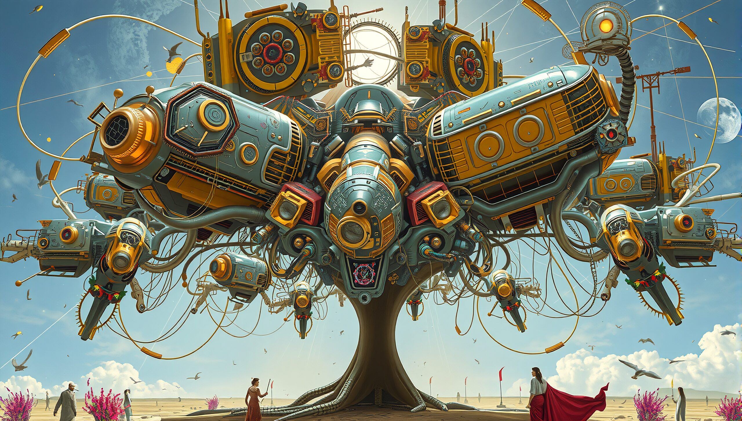 Futuristic Mechanical Tree in Desert