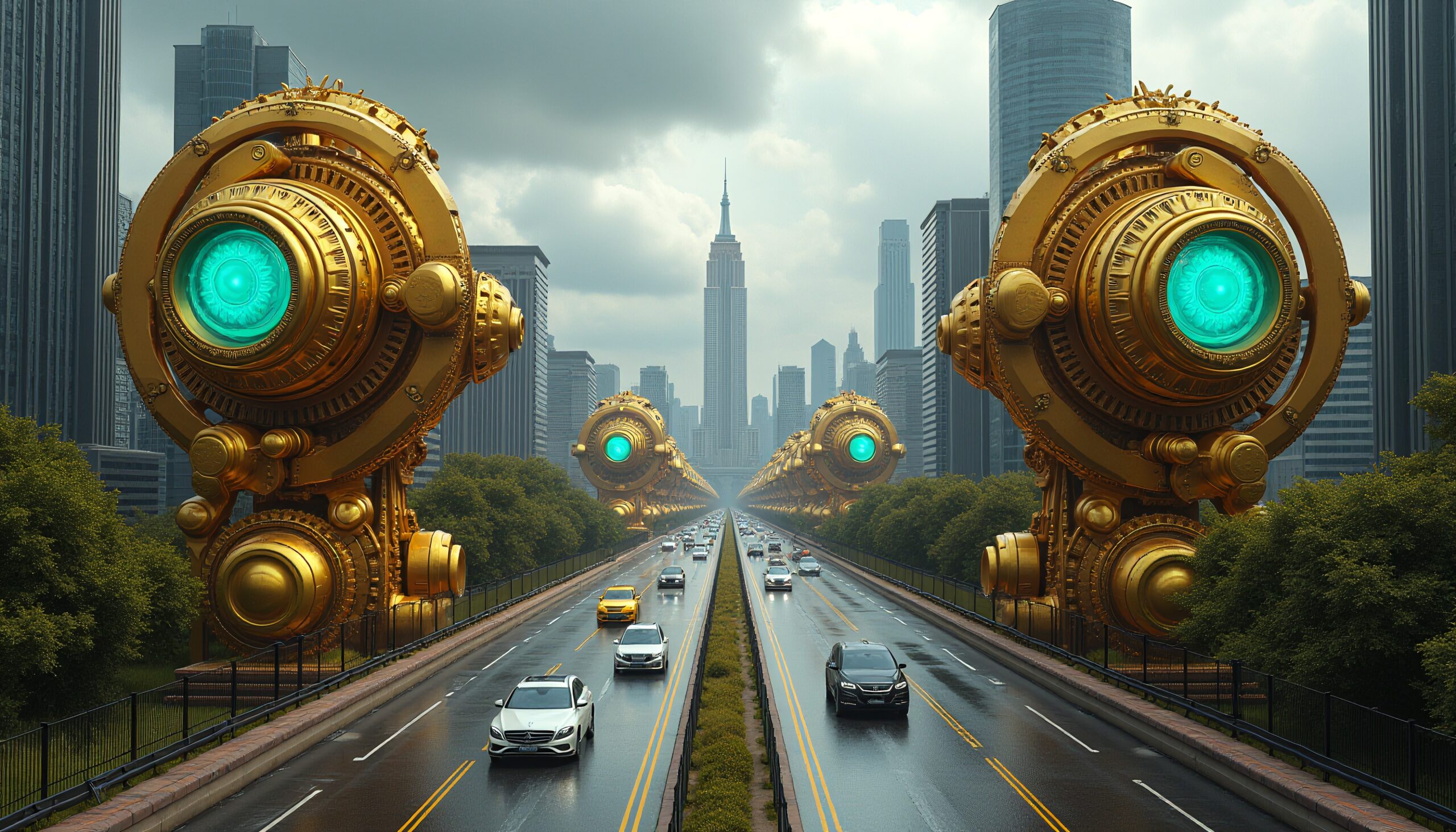 Futuristic Highway with Golden Machines