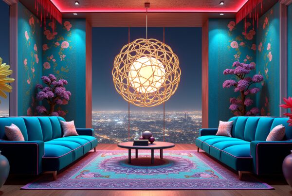 Luxurious living room with colorful turquoise sofas, intricate pendant light, floral wallpaper, potted plants, and a stunning cityscape view.