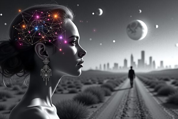 A woman with glowing neural network in the desert with celestial sky.