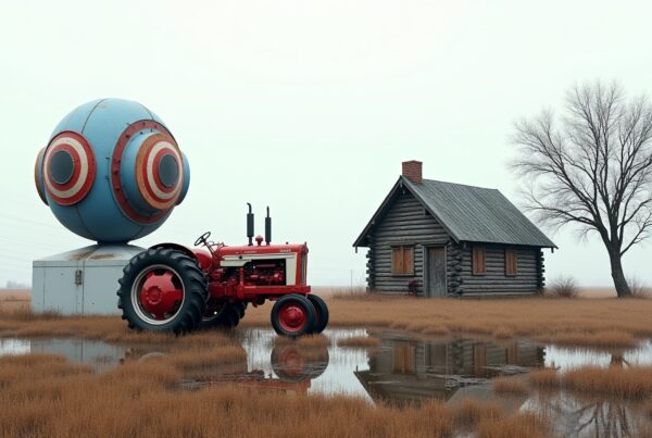 A red tractor beside a geometric sphere near a cabin in a rural field with a tree.