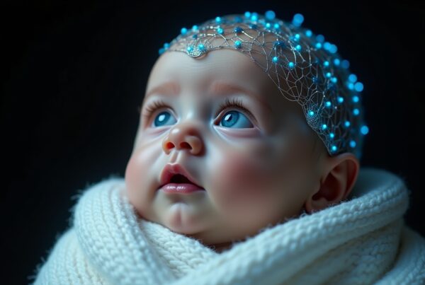 Close-up portrait of baby wearing glowing neon headpiece.