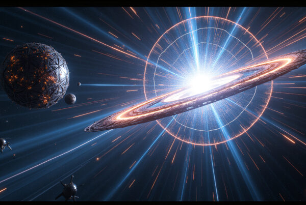 Futuristic galaxy with rings, planets, spaceships, and neon starbursts