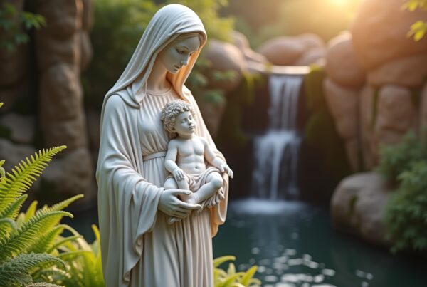 A serene stone statue of a woman holding a child with a waterfall background, surrounded by lush foliage and sunlight.