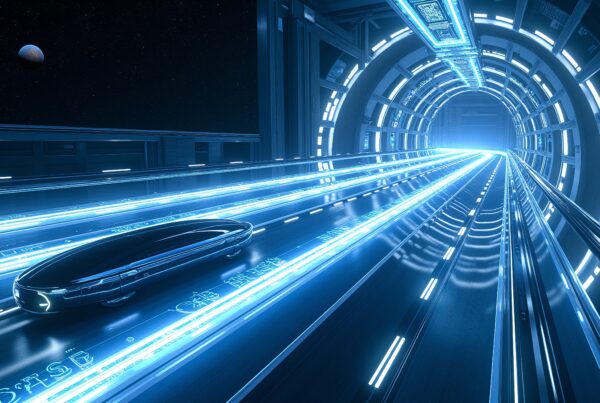 Futuristic car traveling through a blue neon-lit tunnel in space.