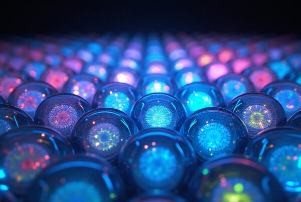 A mesmerizing display of glowing orbs in vibrant blue and pink hues against a dark background.