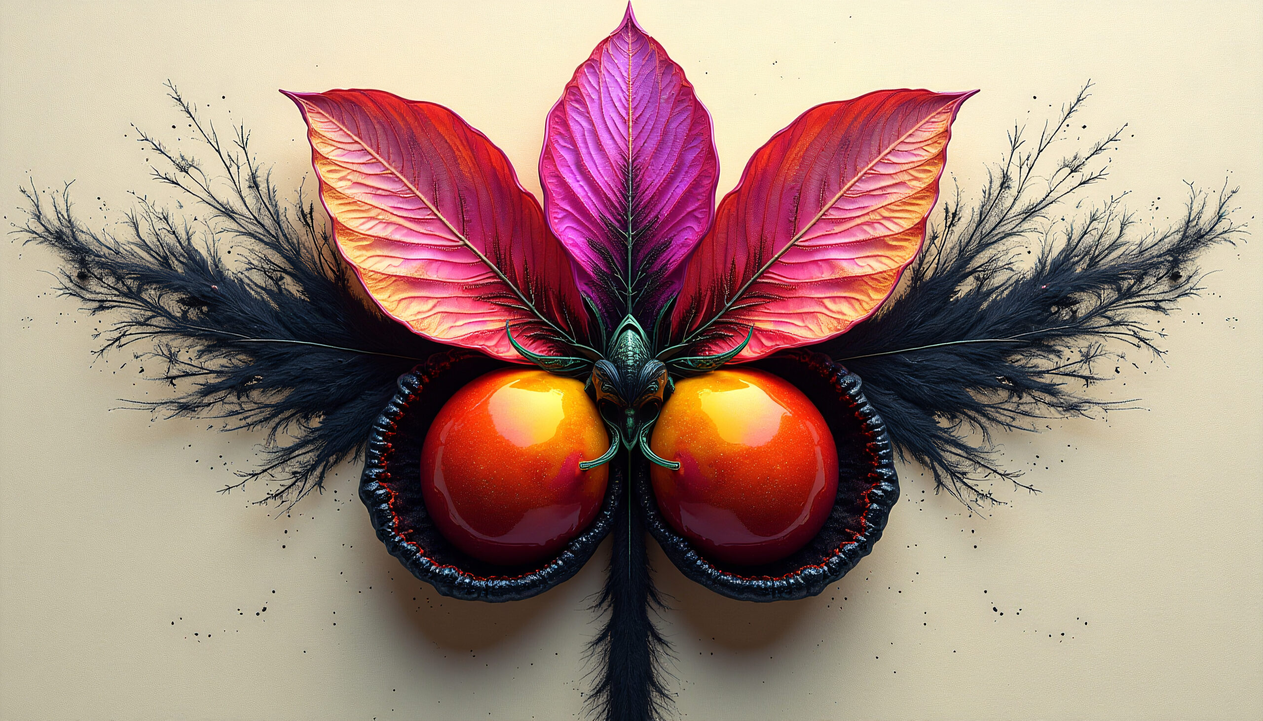 Composition Featuring Fruits Leaves and Black Feathers