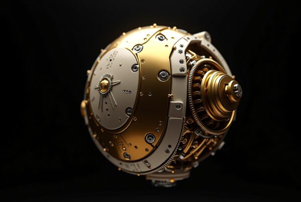 Steampunk-inspired mechanical orb with intricate gears and gold-silver design.