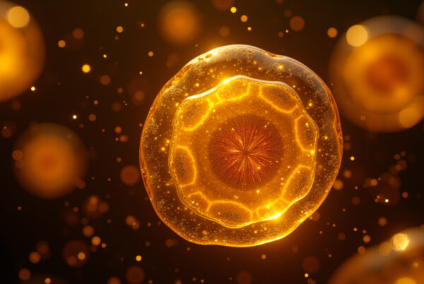 Glowing golden orb floating amidst sparkling cosmic dust