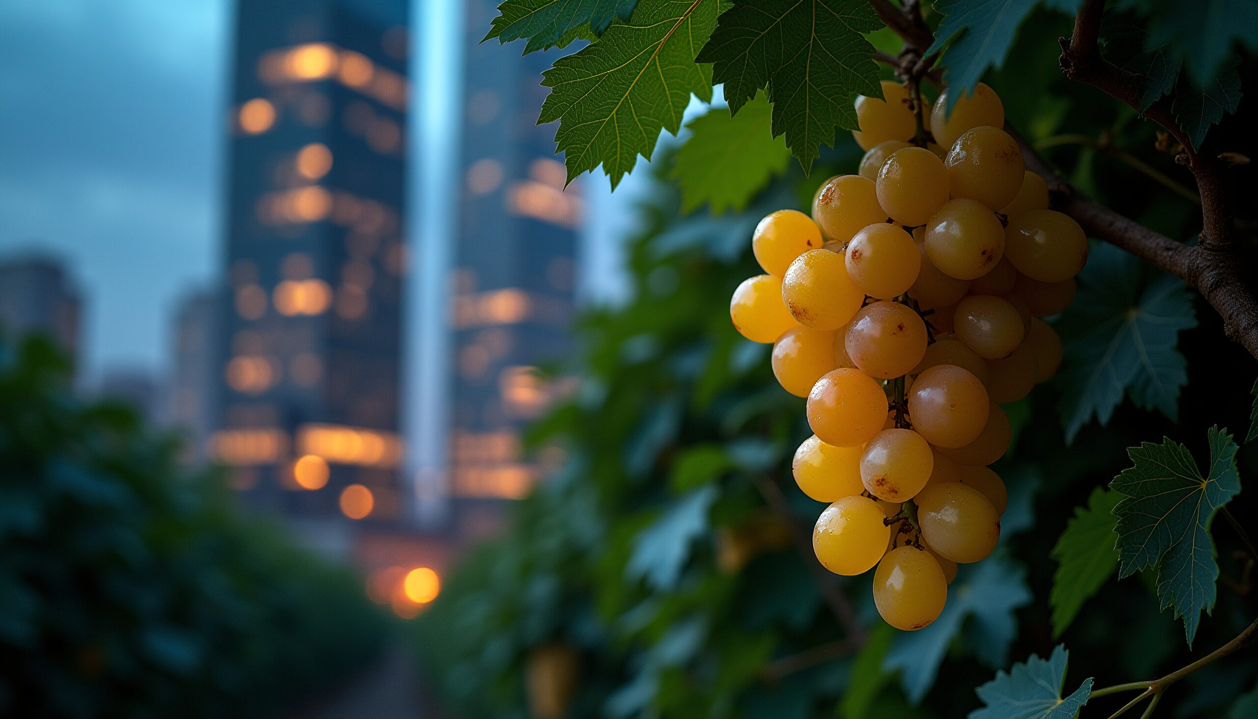 Grapes Against Urban Evening Skyline