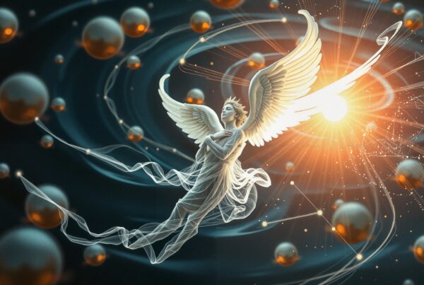 A celestial angel with glowing wings surrounded by luminous orbs in a cosmic setting.
