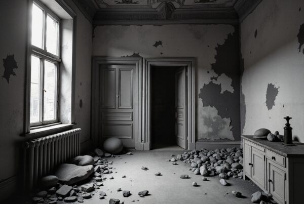 Abandoned black and white room with debris and peeling walls.