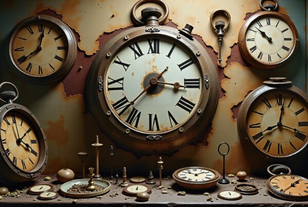 A display of vintage clocks with Roman numerals against a weathered wall, creating a nostalgic and timeless atmosphere.