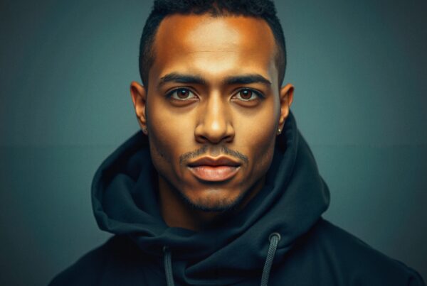 Portrait of a young man wearing a black hoodie with a focused expression, set against a muted grayish-blue background.