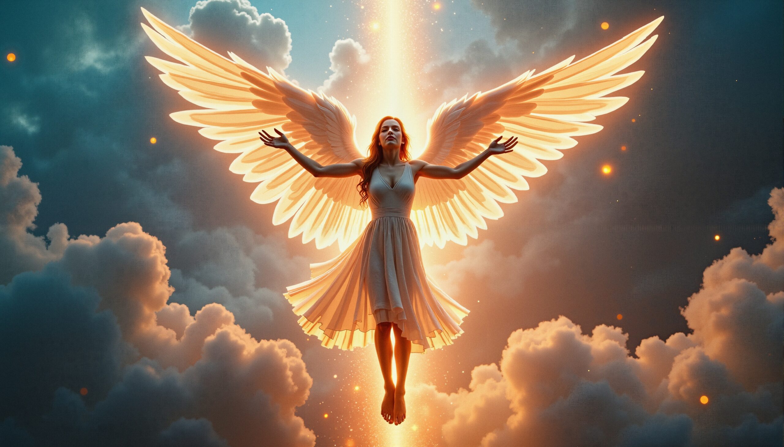 Angelic figure soaring through clouds