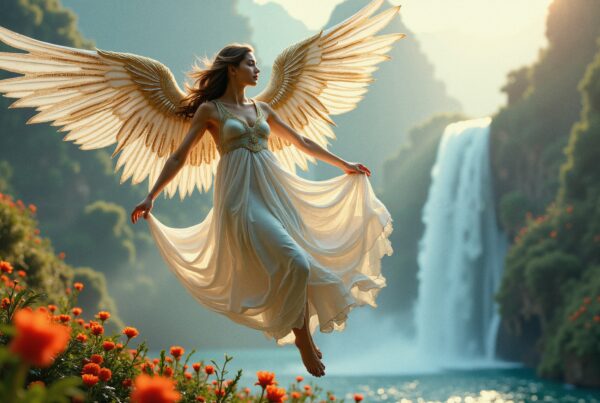 A serene angel with wide wings hovers gracefully beside a waterfall surrounded by vibrant orange flowers and lush greenery.