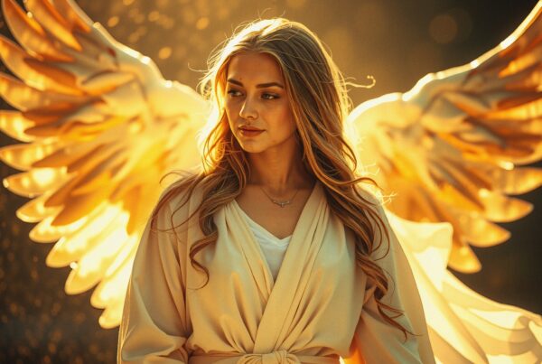 Portrait of a woman with golden wings.