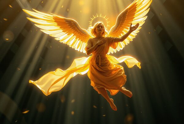 Angel with golden wings floating upward in divine sunlight wearing flowing robe