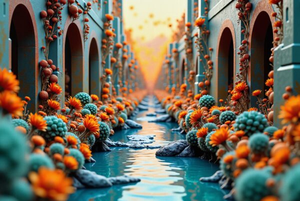 A surreal canal bordered by vibrant orange and blue flora, featuring intricate arches and a reflective waterway converging toward a dreamy horizon.