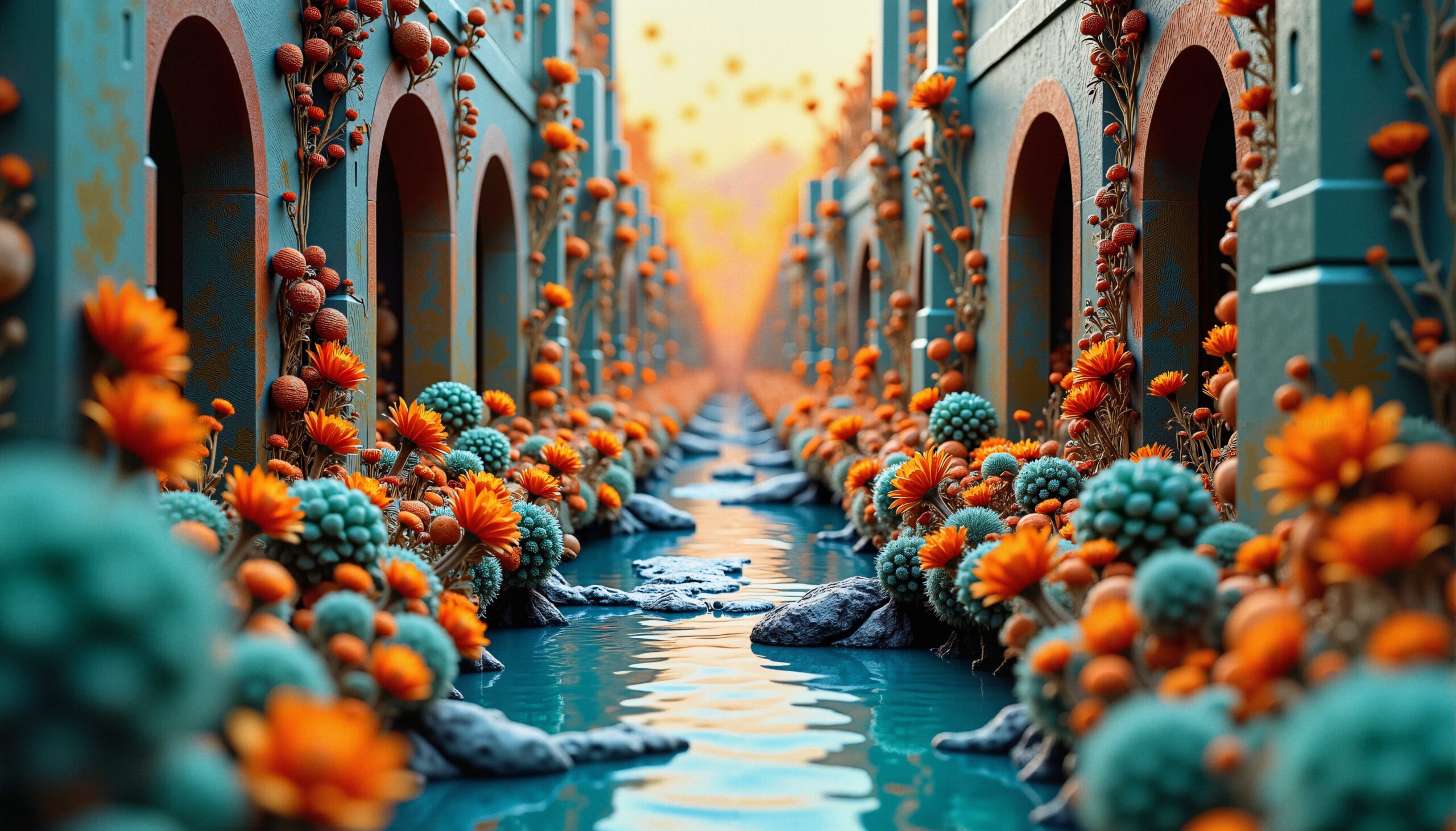 Surreal Canal with Vibrant Flora