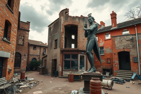 Abandoned urban courtyard with statue and debris.
