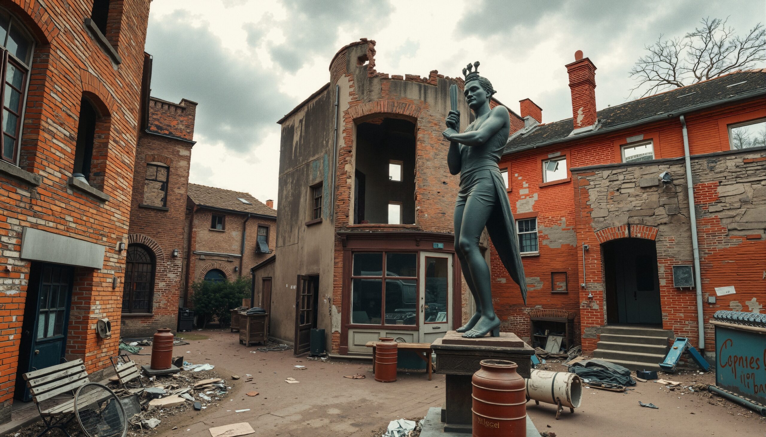 Abandoned Urban Statue and Ruins