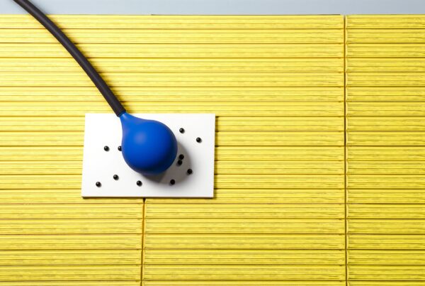 A blue rubber bulb with a black tube on a white plane, scattered with black spheres, atop yellow blocks.