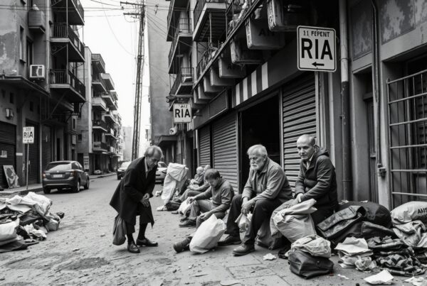 People sitting on city sidewalk surrounded by debris.