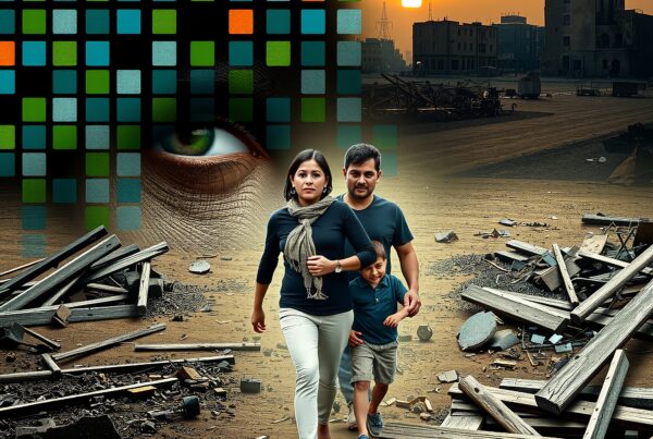 A family walks through a digital-themed, rubble-strewn sunset landscape.