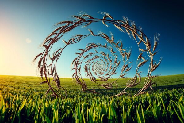 Surreal image of a wheat spiral under a clear blue sky in a sunlit field.