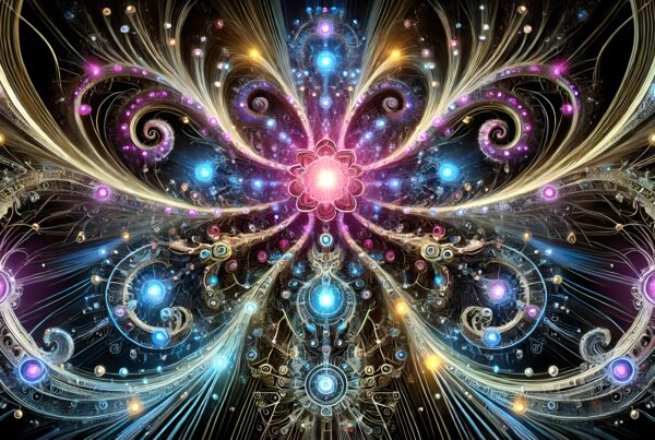 Intricate fractal design with vibrant swirls, floral motifs, and glowing colors.