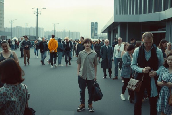 A person stands out amidst a busy crowd on a bustling city street, surrounded by people moving in different directions.