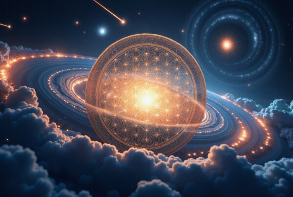 Luminous geometric sphere amidst cosmic clouds and stars, creating an ethereal, otherworldly scene.
