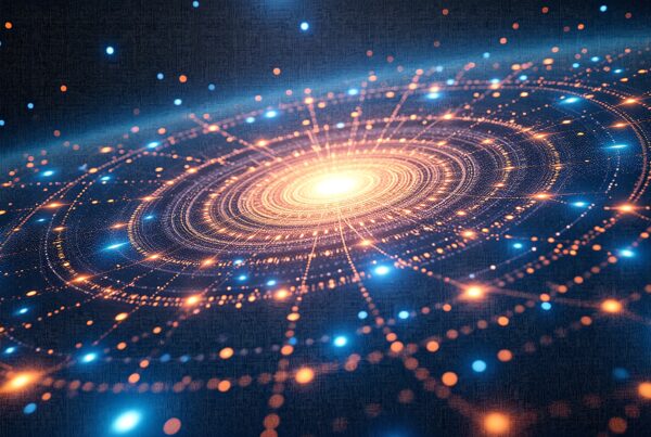 A vibrant abstract digital network with glowing lights and cosmic design.