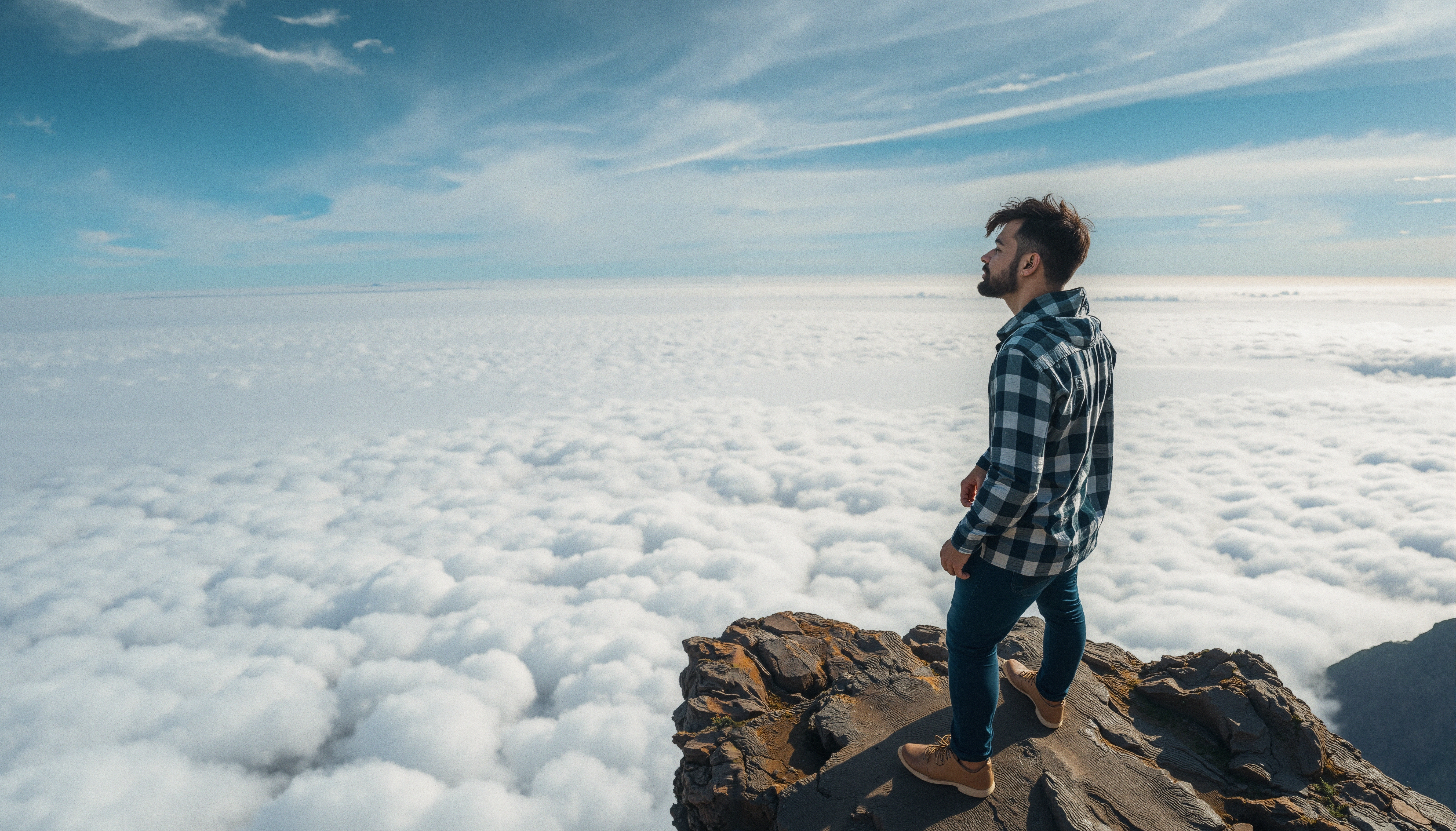 Man Standing on Cliff Overlooking Clouds
