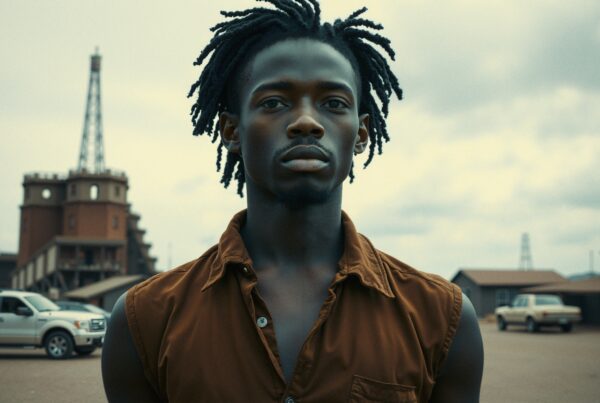 A person in a sleeveless shirt with dreadlocks stands in front of industrial buildings and vehicles, under an overcast sky.