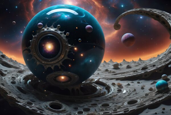A surreal cosmic landscape featuring a giant metallic structure with a glowing blue sphere, smaller planets, and a vibrant swirling sky.